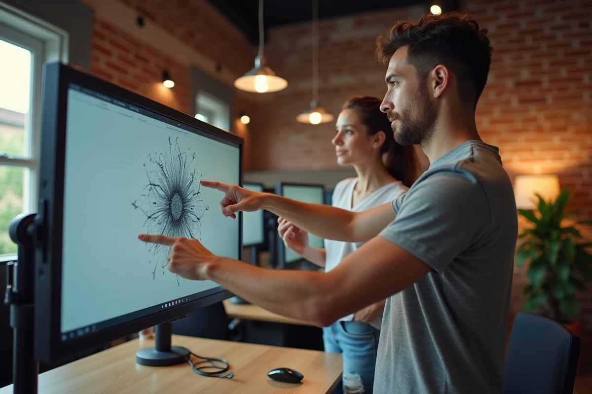 Deux créatifs collaborant devant un écran 4K 27 pouces dans un bureau d'agence en plan ouvert