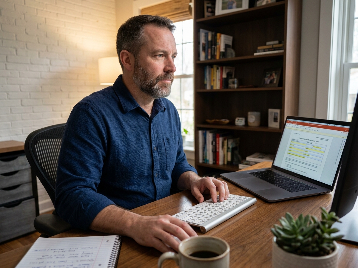 Homme en télétravail créant un formulaire PDF interactif en ligne sur ordinateur portable dans un bureau à domicile