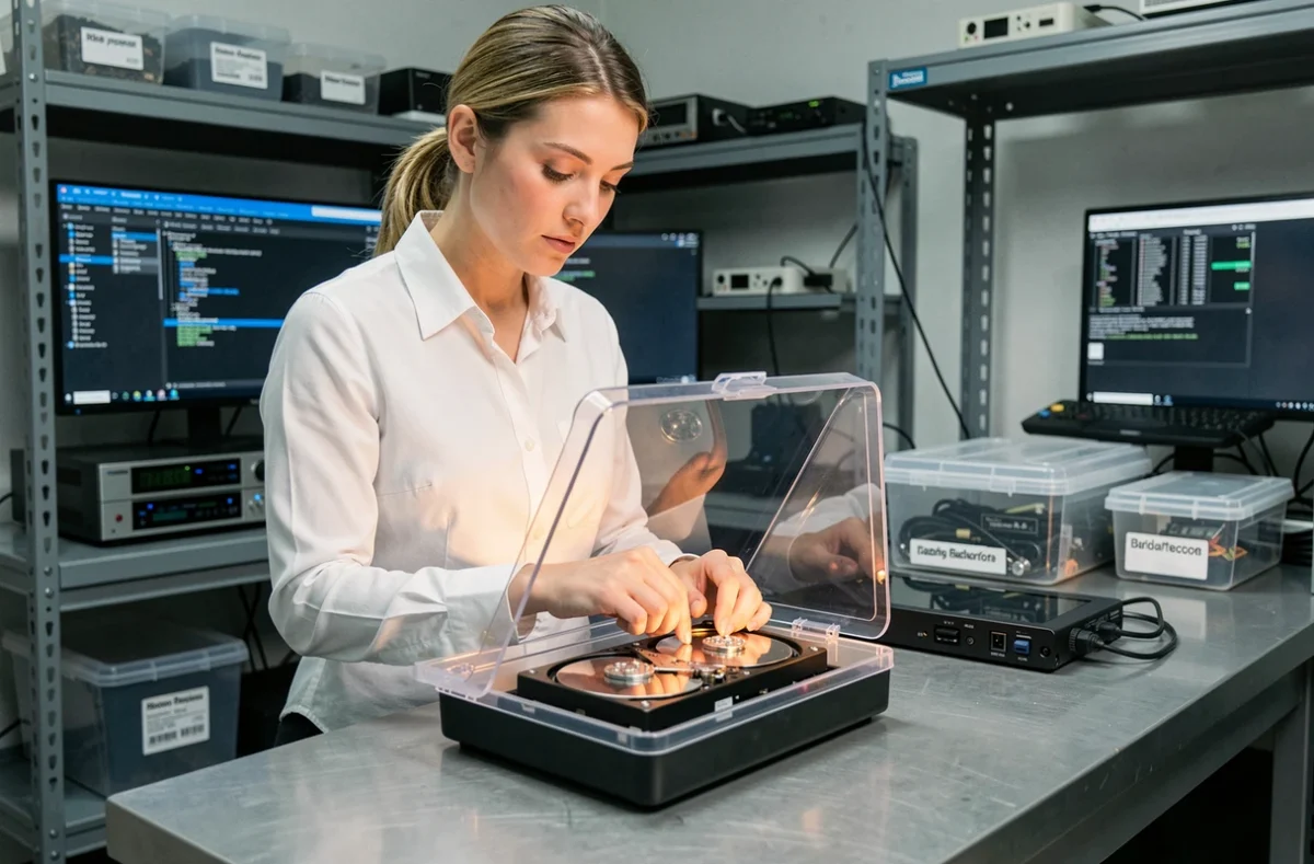 Spécialiste de Dafotec manipulant un plateau de disque dur dans un espace de récupération de données contrôlé