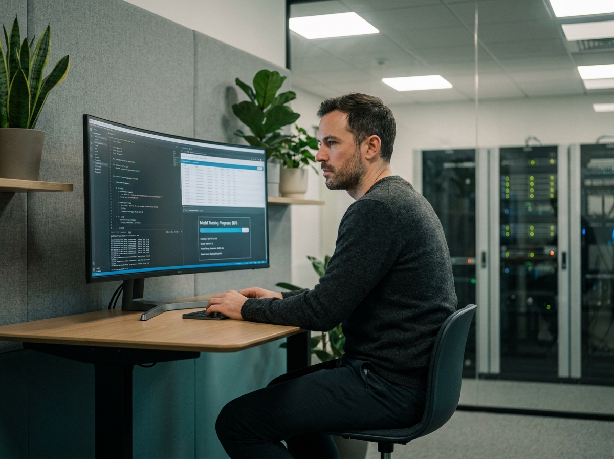 Data scientist concentré analysant des modèles d'intelligence artificielle sur ordinateur dans un laboratoire de données d'entreprise