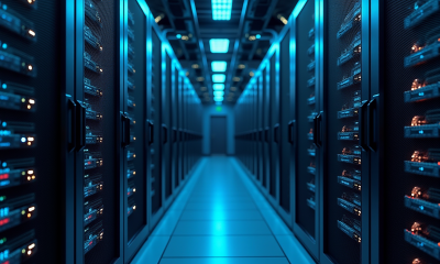 Intérieur d'un datacenter moderne avec rangées de serveurs lumineux