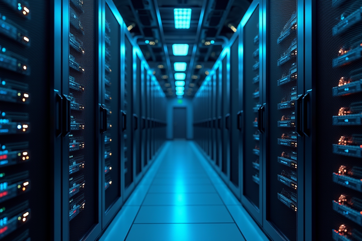 Intérieur d'un datacenter moderne avec rangées de serveurs lumineux