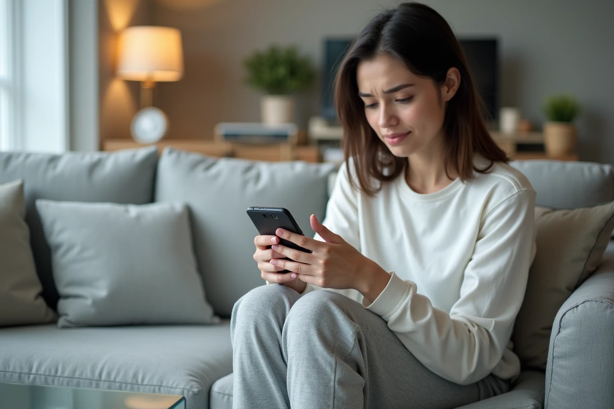 Jeune femme résolvant un problème de messagerie AOL sur son téléphone depuis son salon