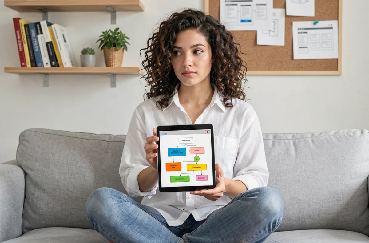 Designer freelance travaillant sur un diagramme de mise en page CSS flexbox pour optimiser les éléments de conversion d'une landing page