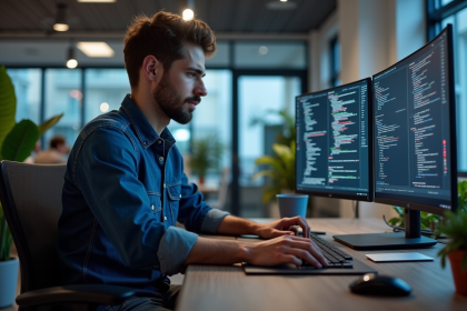 Jeune developpeur logiciel concentré sur un écran Angular moderne