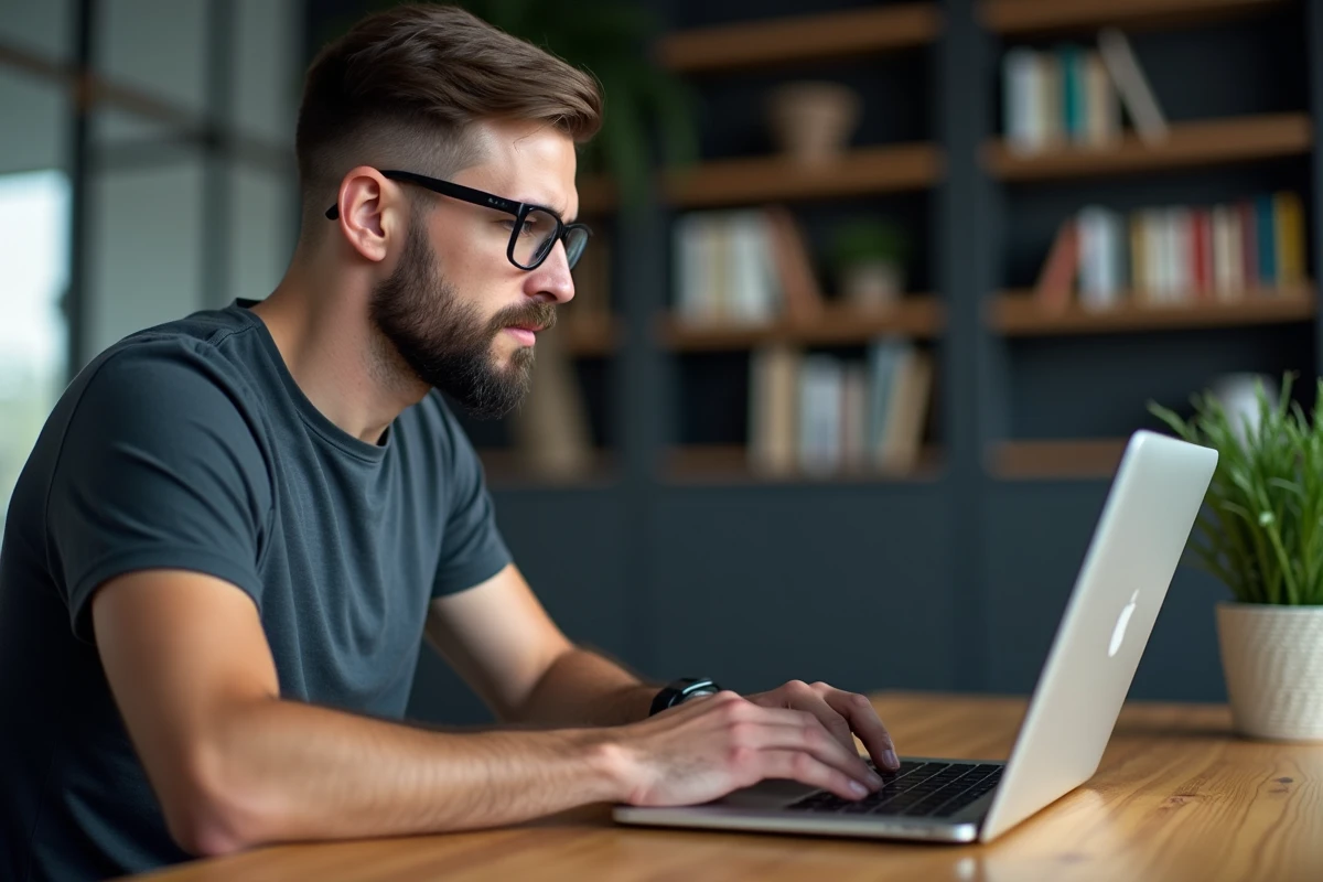 Jeune homme concentré devant son ordinateur en tech