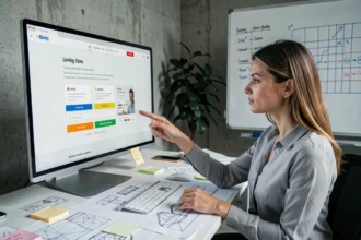 Développeuse web analysant la disposition CSS d'une landing page sur un grand écran avec des maquettes imprimées sur son bureau