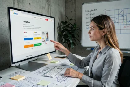 Développeuse web analysant la disposition CSS d'une landing page sur un grand écran avec des maquettes imprimées sur son bureau
