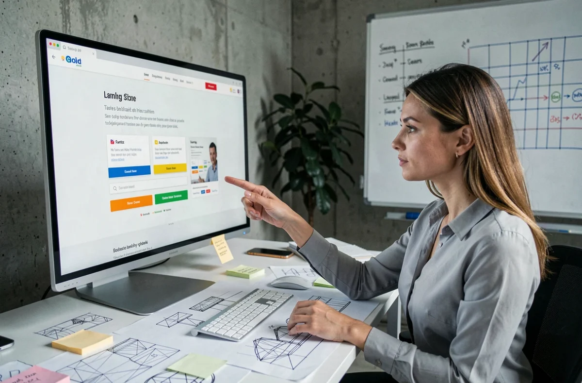 Développeuse web analysant la disposition CSS d'une landing page sur un grand écran avec des maquettes imprimées sur son bureau