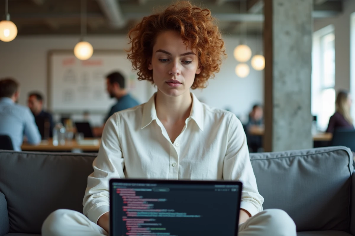 Développeuse frontend travaillant sur la gestion d'événements de soumission de formulaire HTML dans un espace de coworking