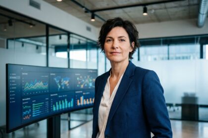Directrice data dans un bureau tech moderne analysant des tableaux de bord d'intelligence artificielle sur grand écran