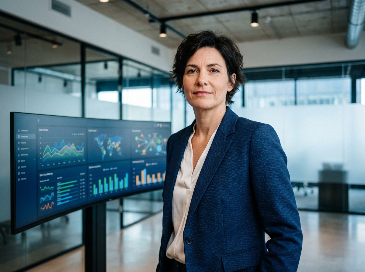 Directrice data dans un bureau tech moderne analysant des tableaux de bord d'intelligence artificielle sur grand écran