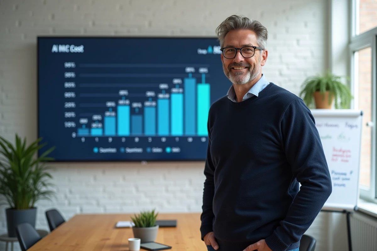 Dirigeant d'entreprise présentant des graphiques de retour sur investissement en intelligence artificielle dans une salle de réunion startup moderne