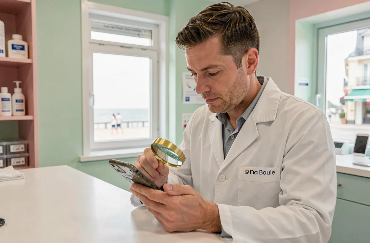 Technicien de Docteur Phone La Baule inspectant un smartphone endommagé par l'eau dans sa boutique