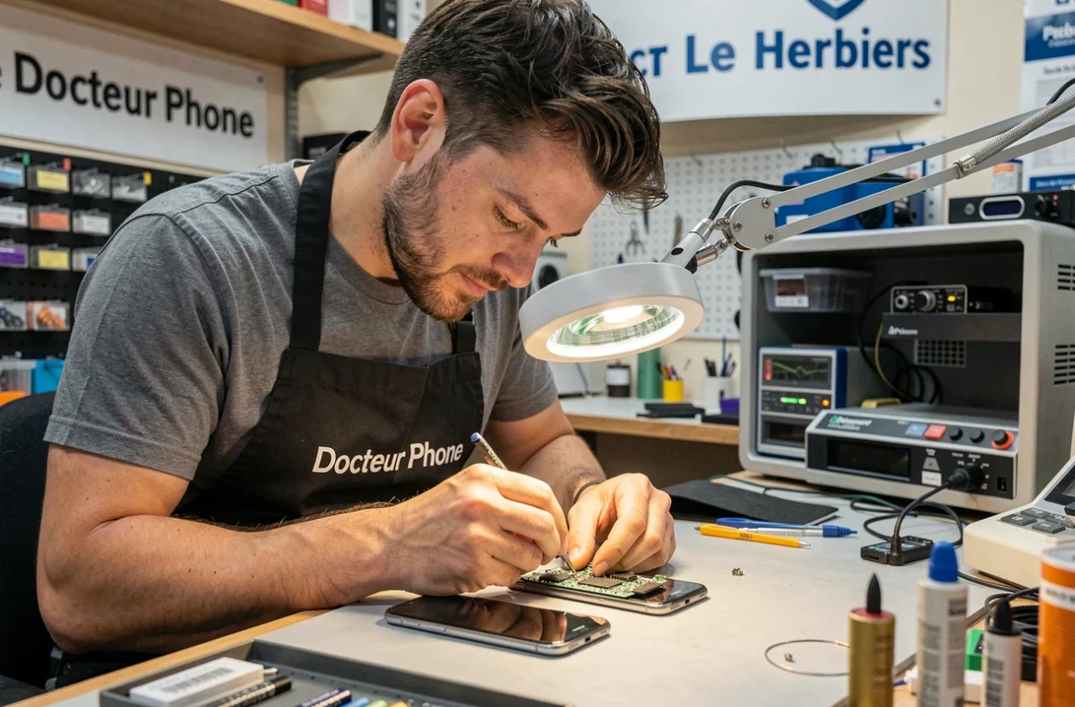 Technicien Docteur Phone aux Herbiers effectuant une soudure sur la carte mère d'un smartphone sous loupe