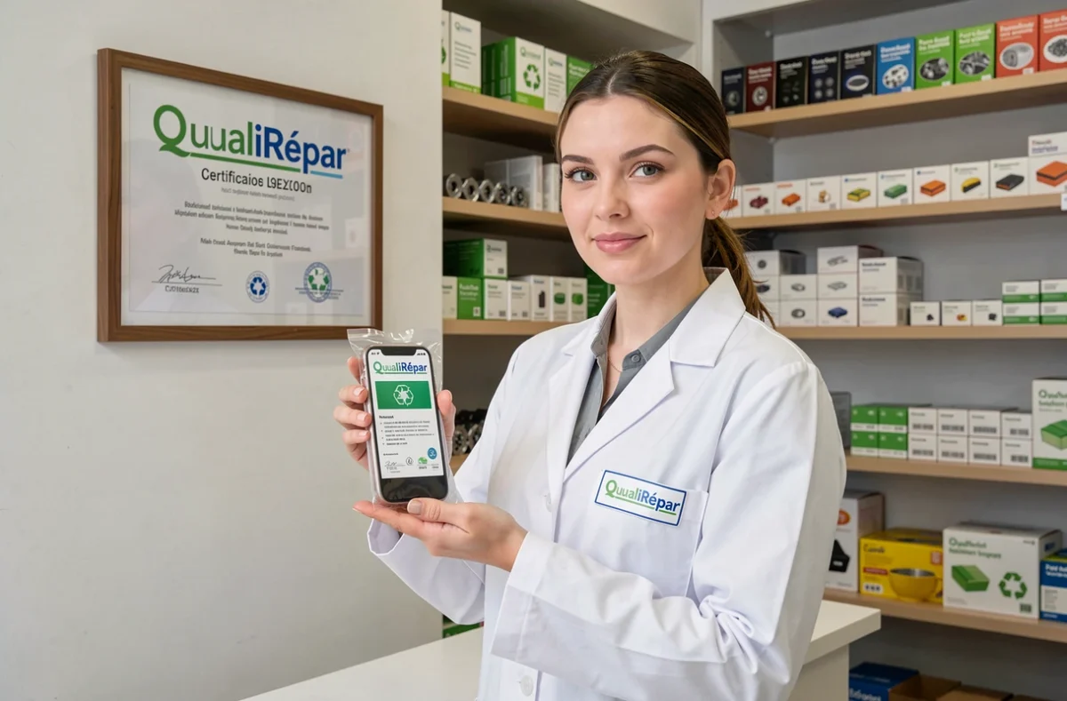 Technicienne d'Ecophone 44 présentant un colis de livraison express avec le label QualiRépar visible en arrière-plan