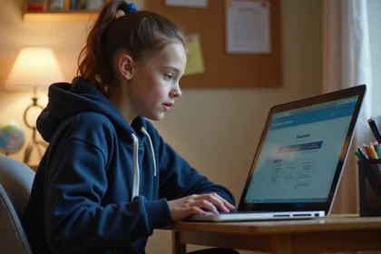 Élève de collège utilisant l'ENT sur un ordinateur portable pour consulter ses devoirs et ses notes depuis sa chambre