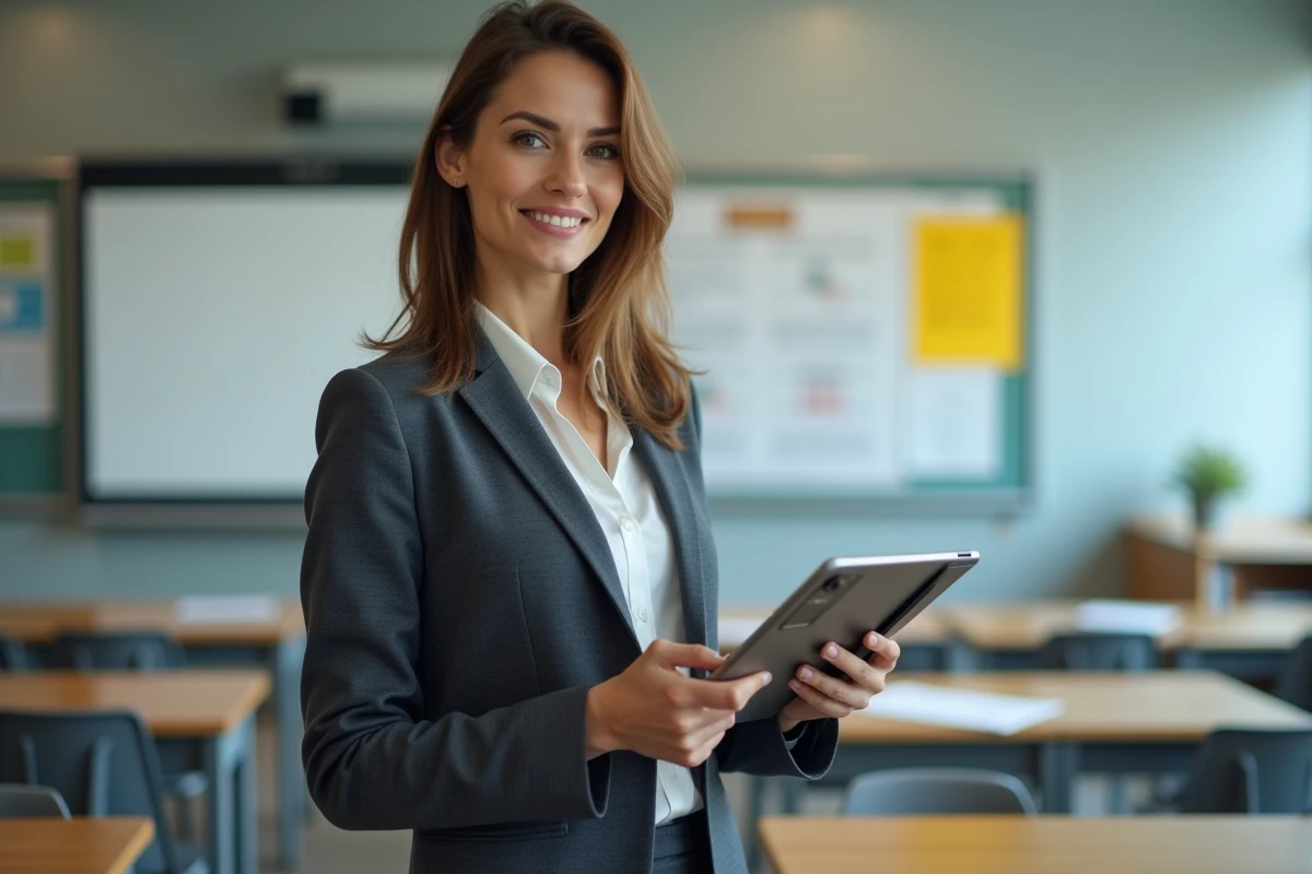 Enseignante consultant le carnet de notes et les devoirs des élèves sur l'ENT depuis une tablette en classe