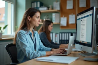 Enseignante utilisant la messagerie académique webmail sur un ordinateur dans un bureau scolaire administratif