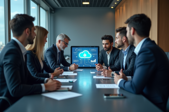 Groupe de professionnels collaborant autour d'une tablette avec nuage digital