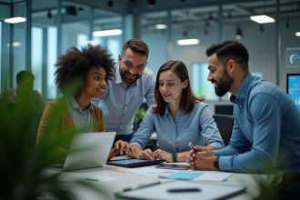 Groupe de professionnels IT en réunion dans un bureau moderne