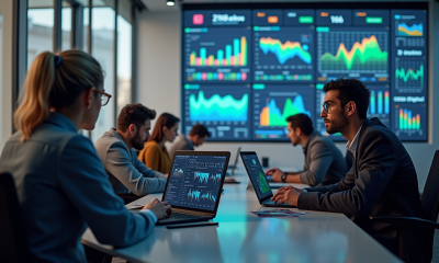 Equipe marketing créative analysant des données sur ordinateurs