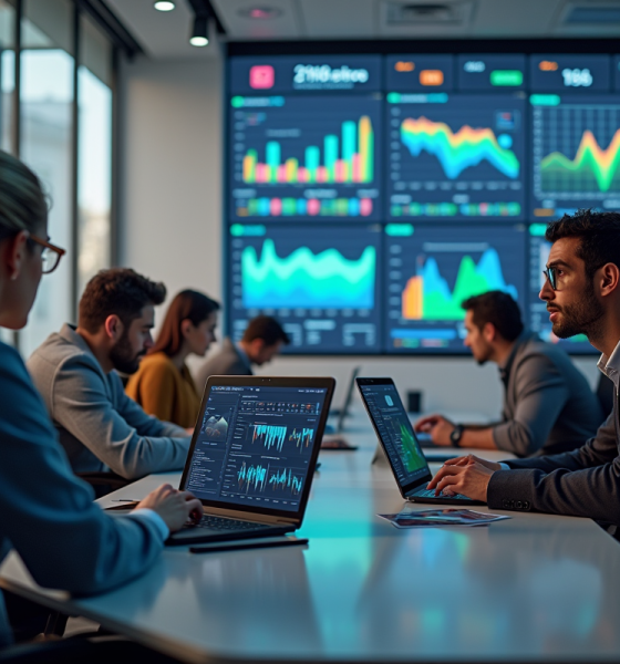 Equipe marketing créative analysant des données sur ordinateurs