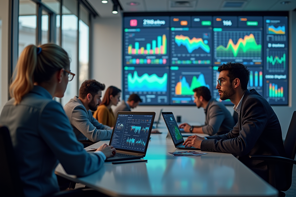 Equipe marketing créative analysant des données sur ordinateurs