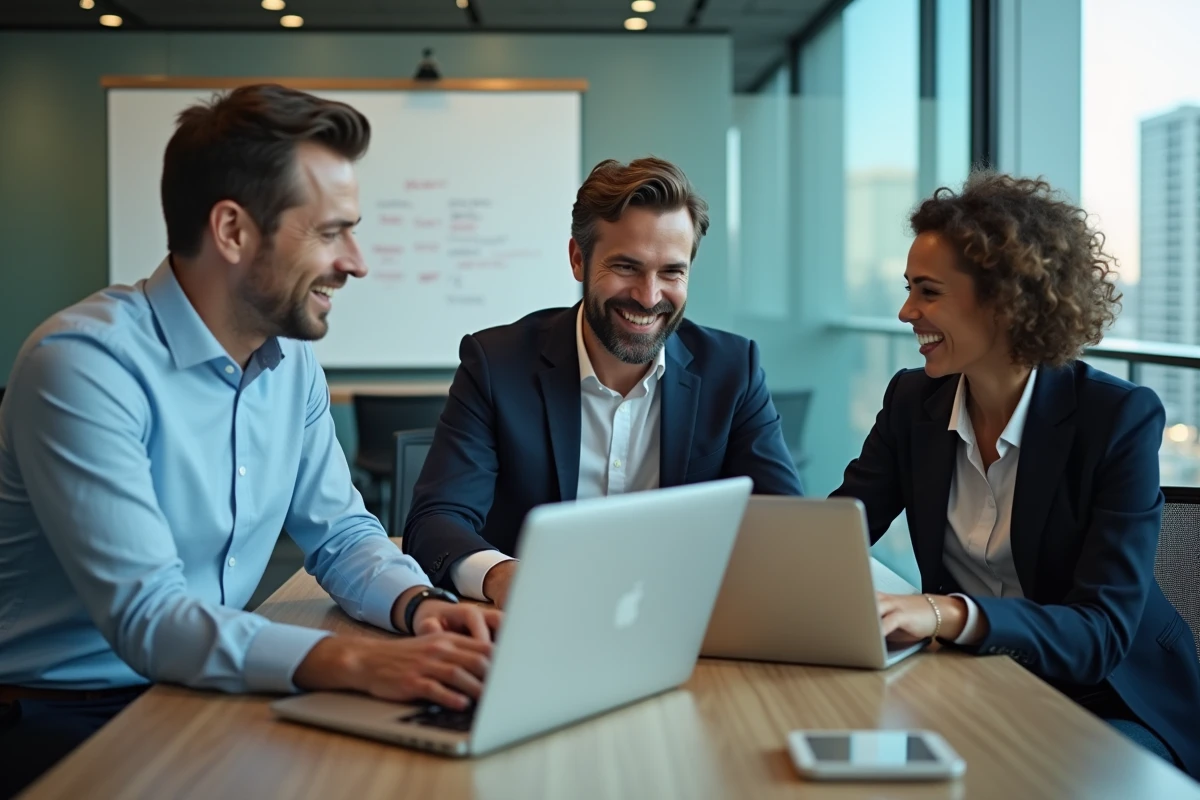 Équipe de professionnels réunis autour d'un ordinateur portable en salle de réunion pour discuter de la bonne utilisation des champs Cc et Cci dans un email professionnel