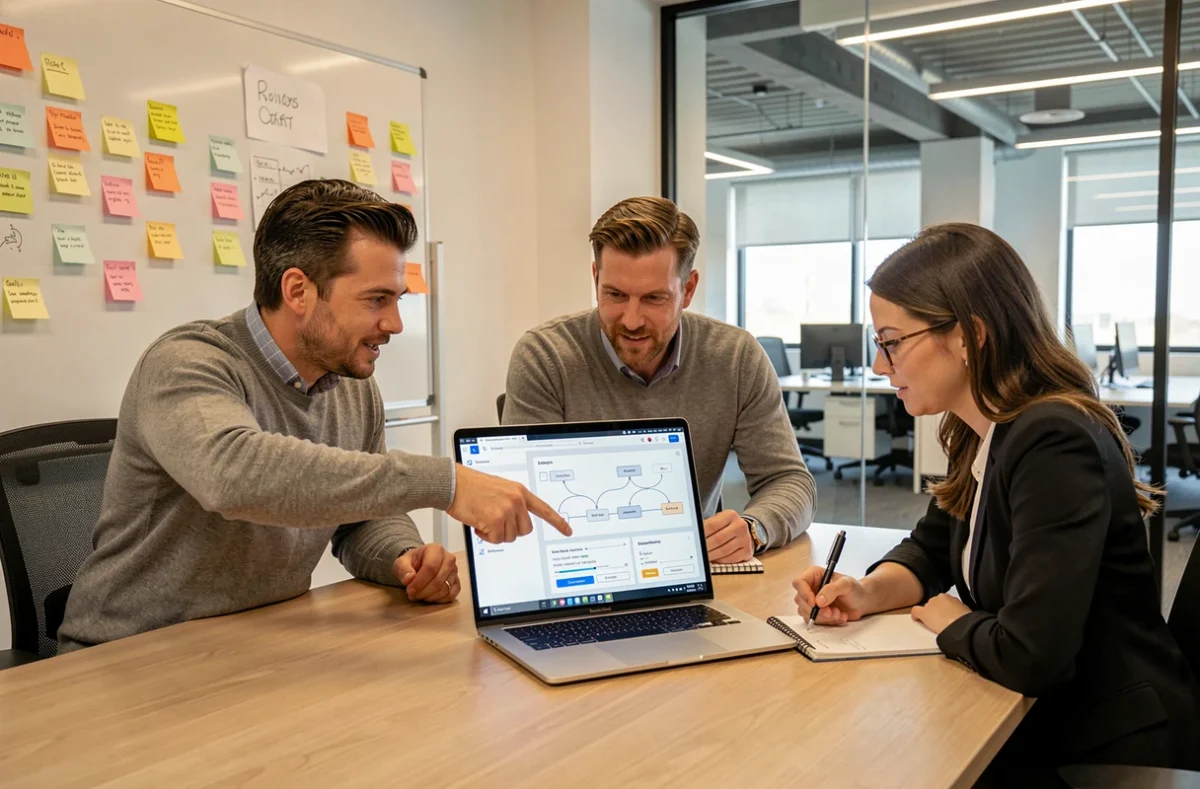 Équipe de professionnels en réunion pour la mise en place d'un plan de connexion BI sur un laptop