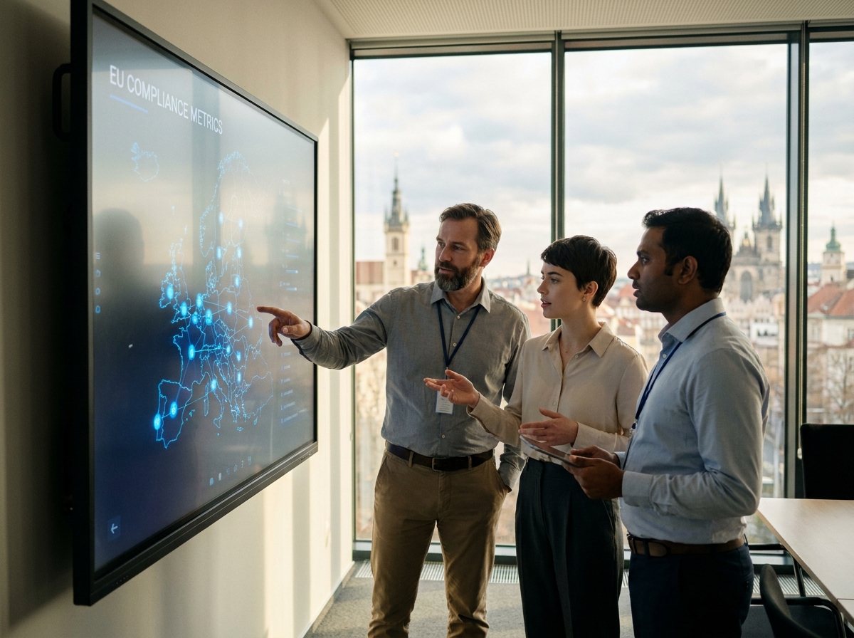 Équipe informatique européenne collaborant devant une carte interactive de souveraineté numérique en salle de réunion