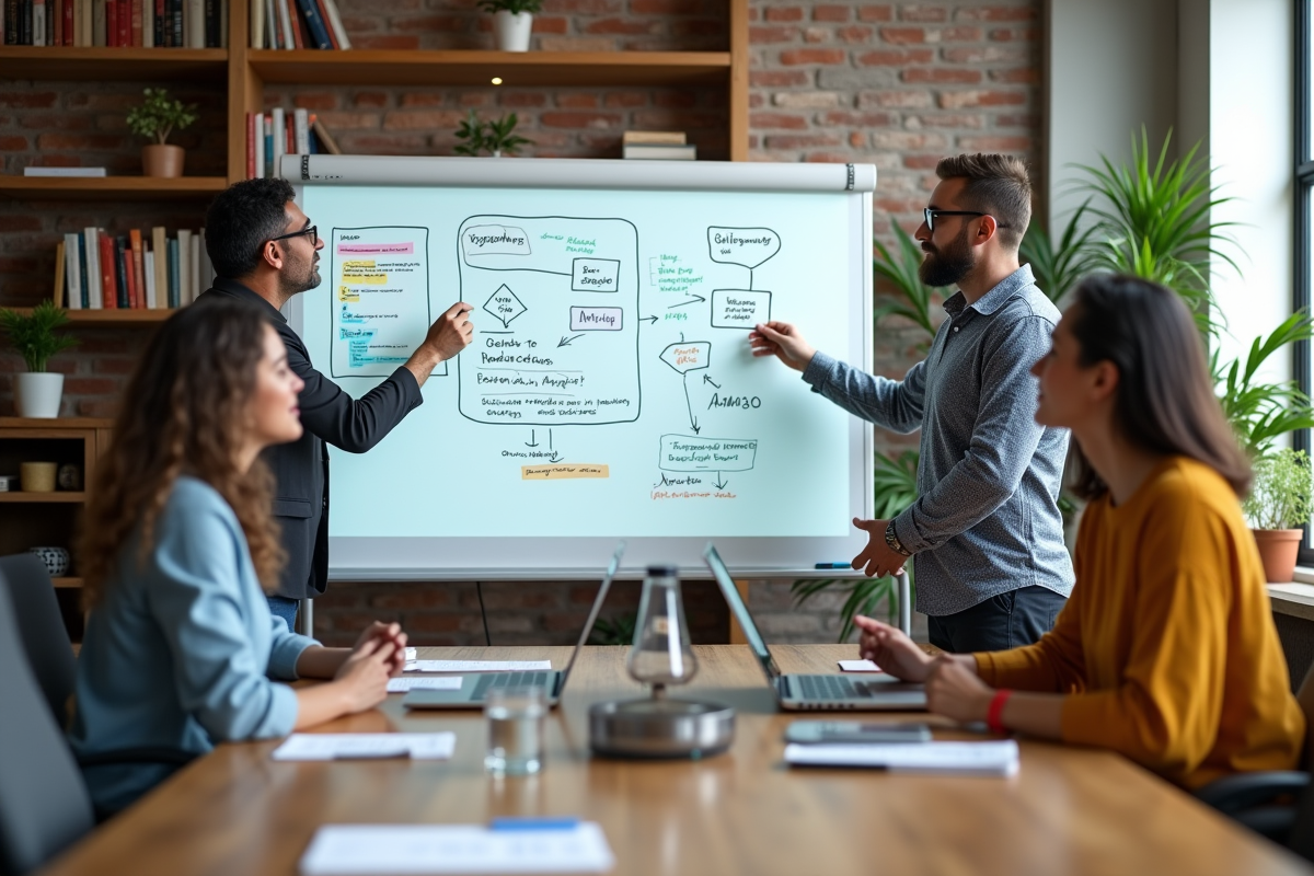 Equipe diverse discutant diagrammes Angular autour d’un tableau blanc