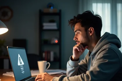 Homme frustré devant un écran d'ordinateur portable affichant une erreur de connexion Sharecloudy malgré un accès internet fonctionnel