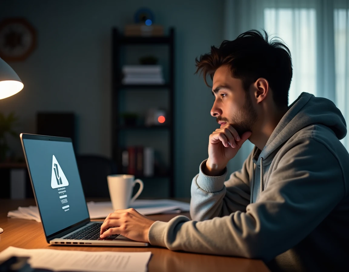 Homme frustré devant un écran d'ordinateur portable affichant une erreur de connexion Sharecloudy malgré un accès internet fonctionnel