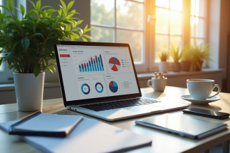Espace de travail moderne avec ordinateur et analytics