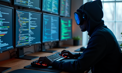 Espace de travail d'un hacker professionnel avec écrans cryptographiques