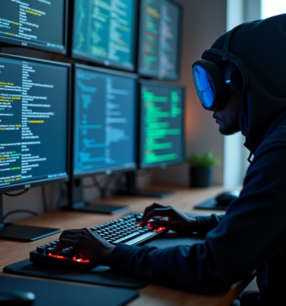 Espace de travail d'un hacker professionnel avec écrans cryptographiques