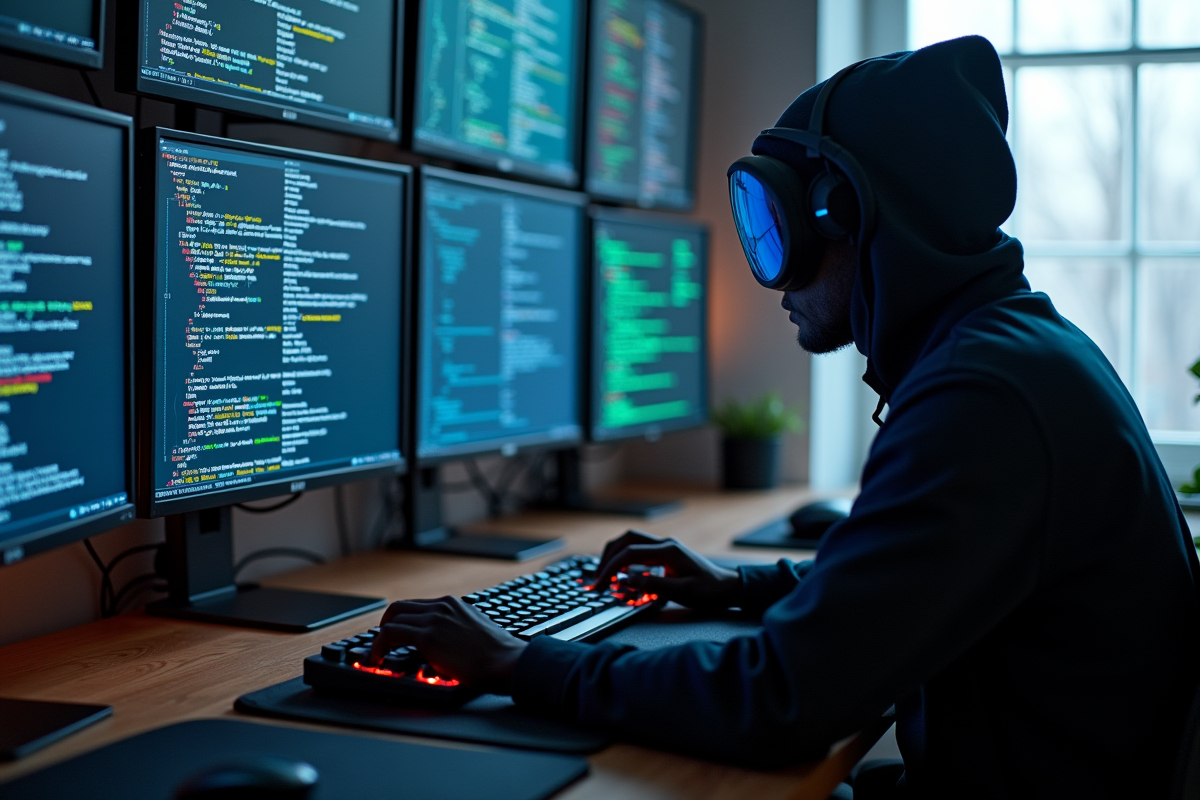 Espace de travail d'un hacker professionnel avec écrans cryptographiques