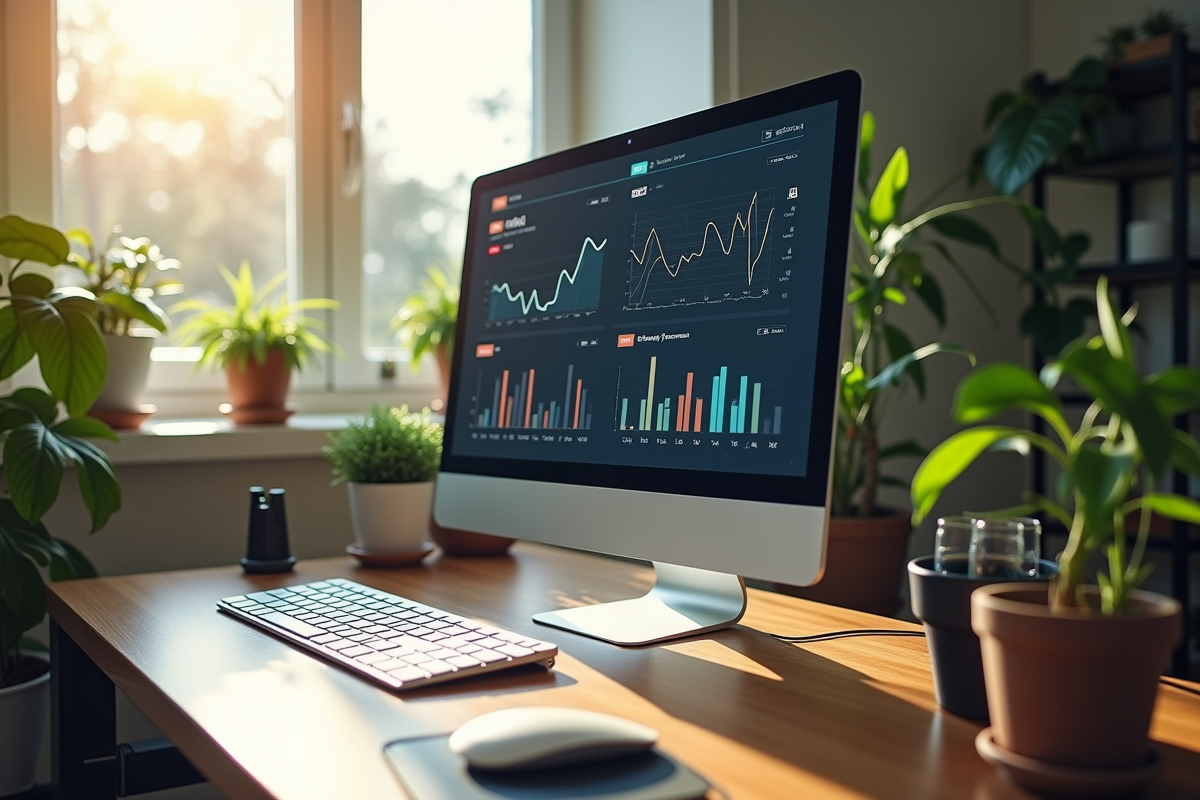 Espace de travail avec écran affichant des analyses SEO lumineux