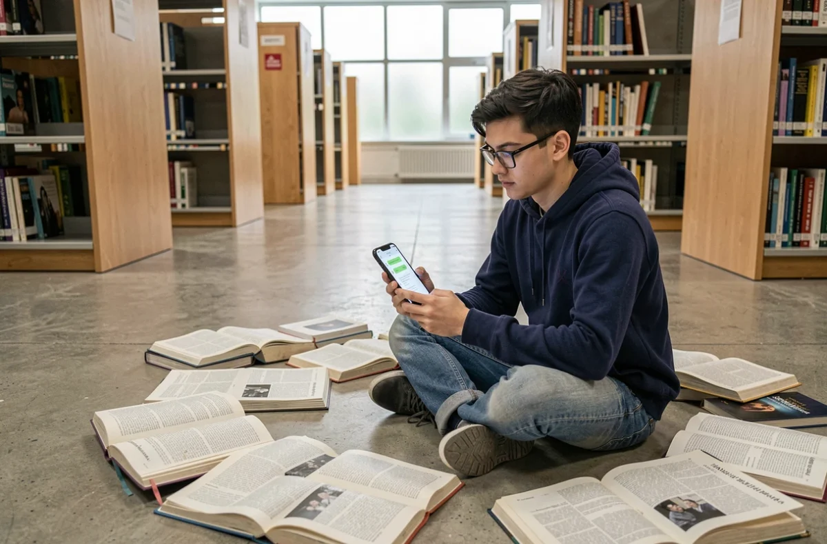 Étudiant universitaire révisant avec son smartphone et des manuels scolaires dans une bibliothèque moderne
