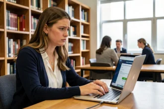 Étudiante frustrée face à un problème de connexion sur le portail Eduline dans une bibliothèque universitaire