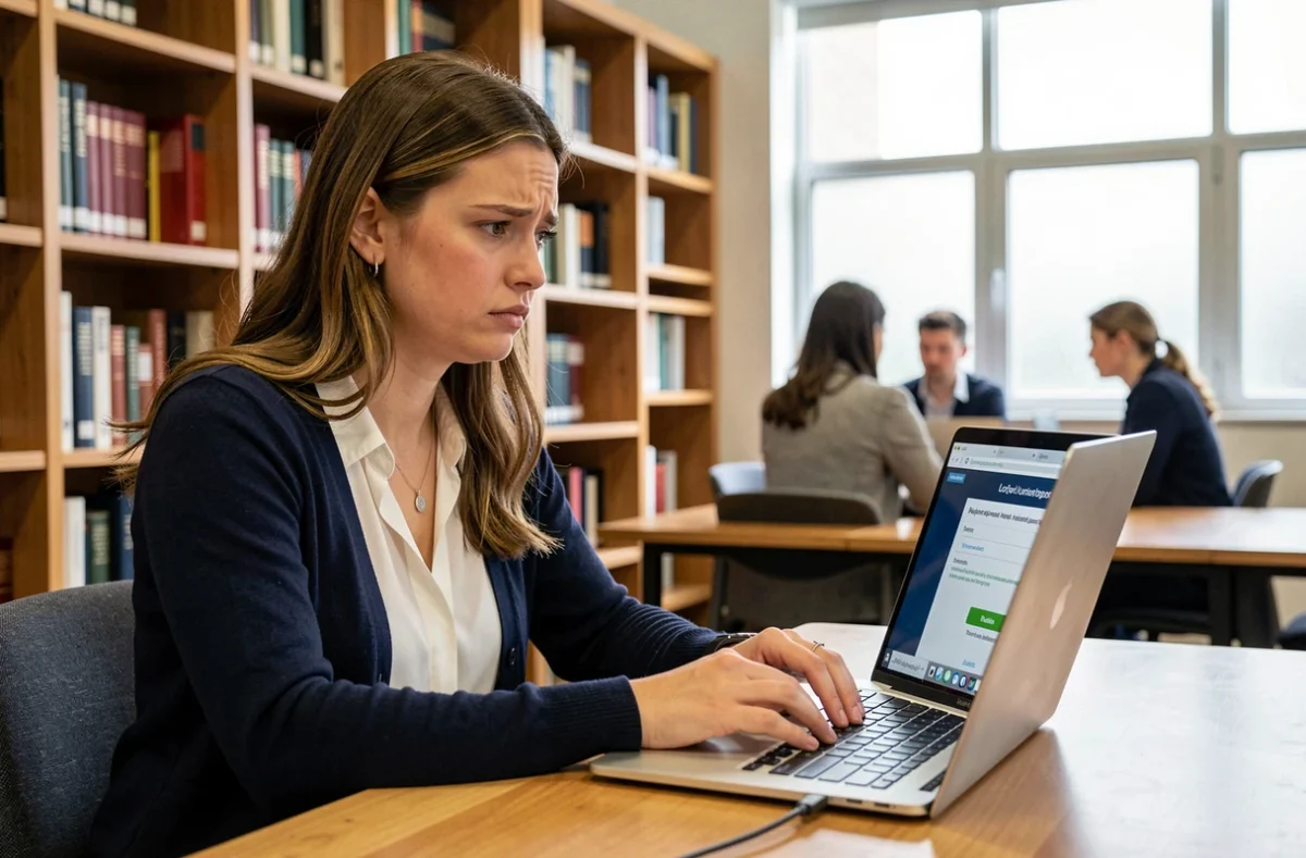 Étudiante frustrée face à un problème de connexion sur le portail Eduline dans une bibliothèque universitaire