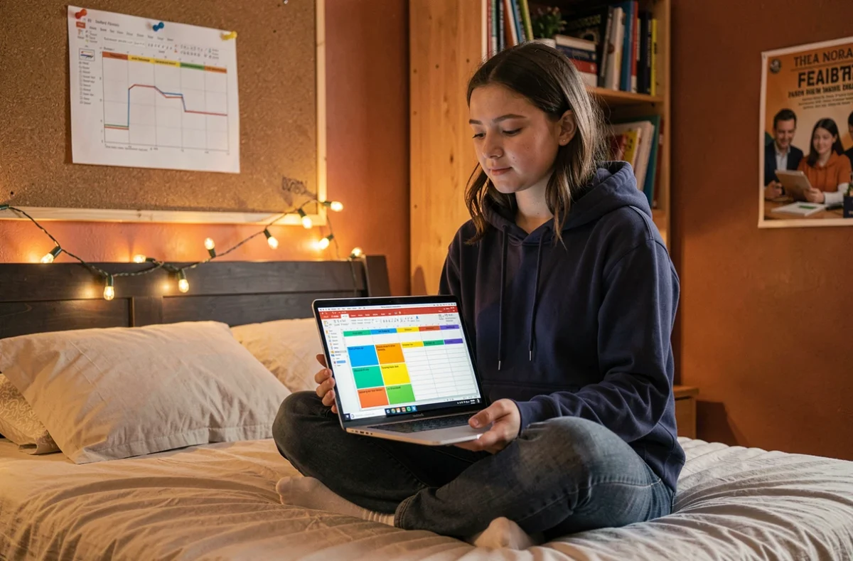 Étudiante organisant son emploi du temps dans un tableau Word sur son ordinateur portable dans sa chambre