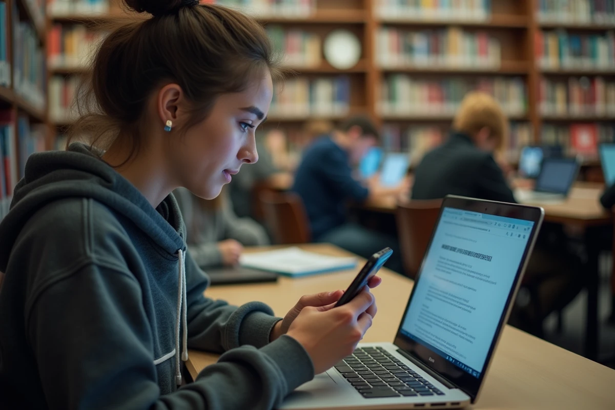Étudiante consultant sa messagerie académique et webmail sur laptop dans une bibliothèque universitaire