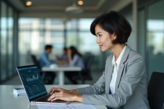 Femme professionnelle analysant des données d'intelligence artificielle sur un ordinateur portable dans un bureau moderne pour optimiser les coûts d'entreprise