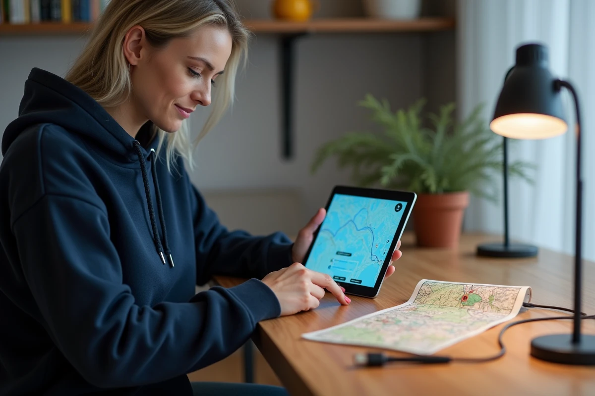 Femme utilisant une application GPX sur une tablette Android posée sur un bureau en bois à la maison