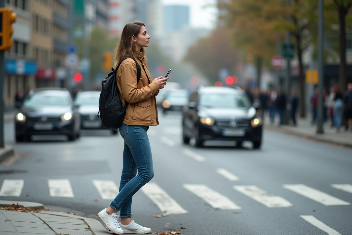 Jeune femme en jeans attendant sur le trottoir en ville