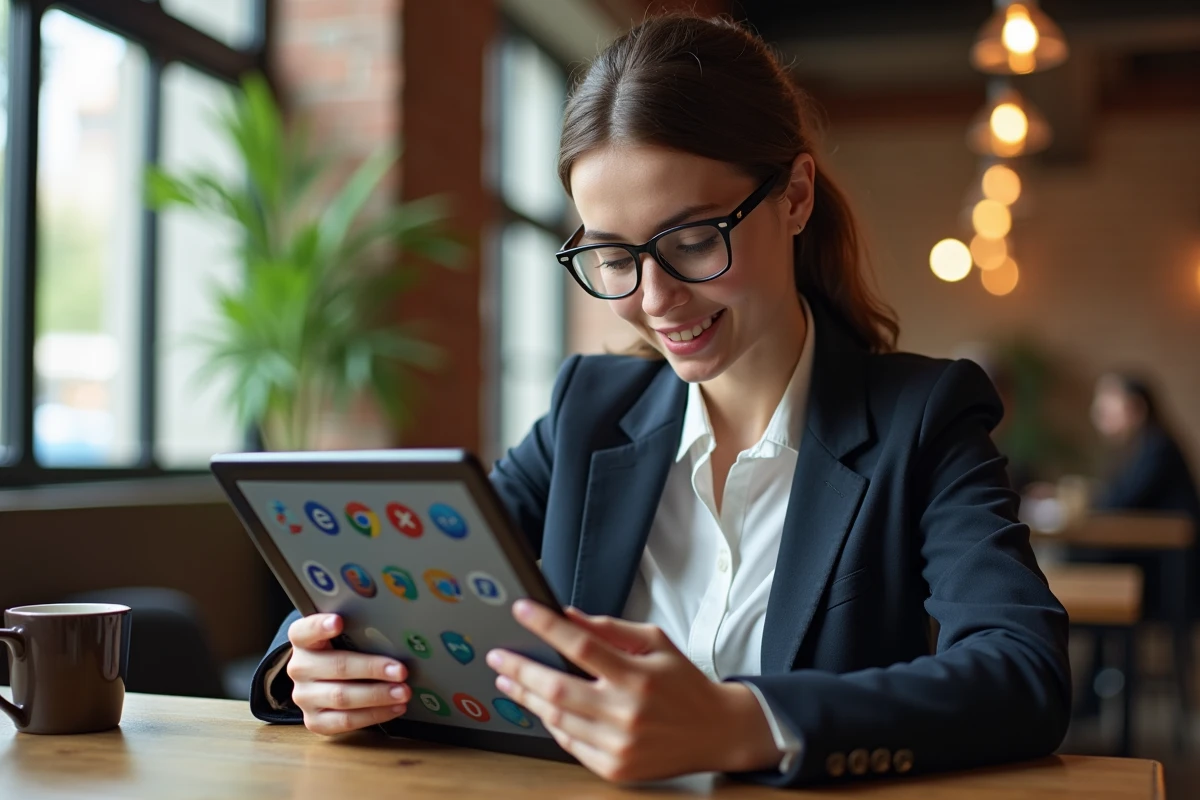 Jeune femme utilisant une tablette dans un café avec logos Silverlight