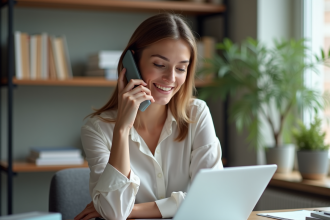 Jeune femme au bureau parlant au téléphone avec concentration
