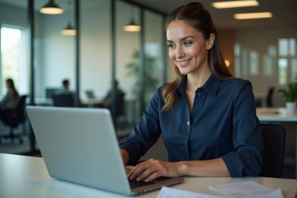 Femme au bureau gérant ses emails sur un ordinateur portable